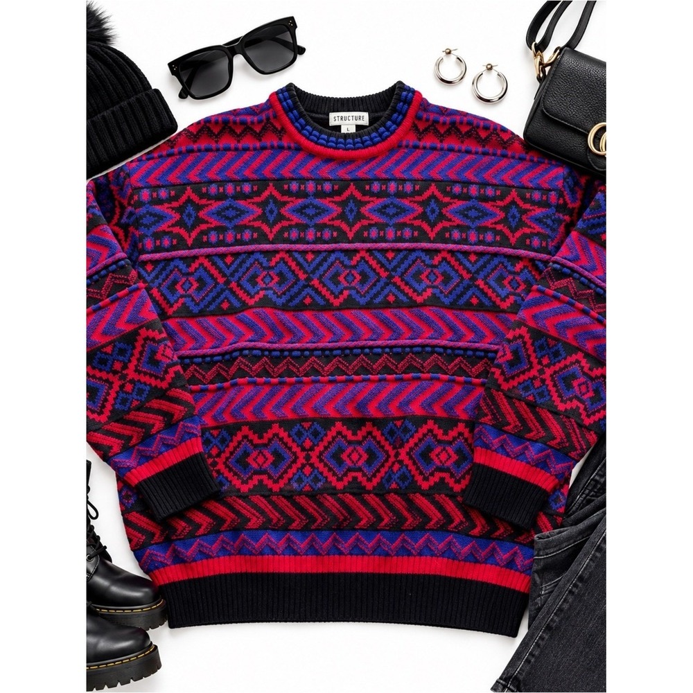 Tyrolia Vintage Coogi Style Wool Sweater Mens M Hot Pink Red Blue Black 90s Knit